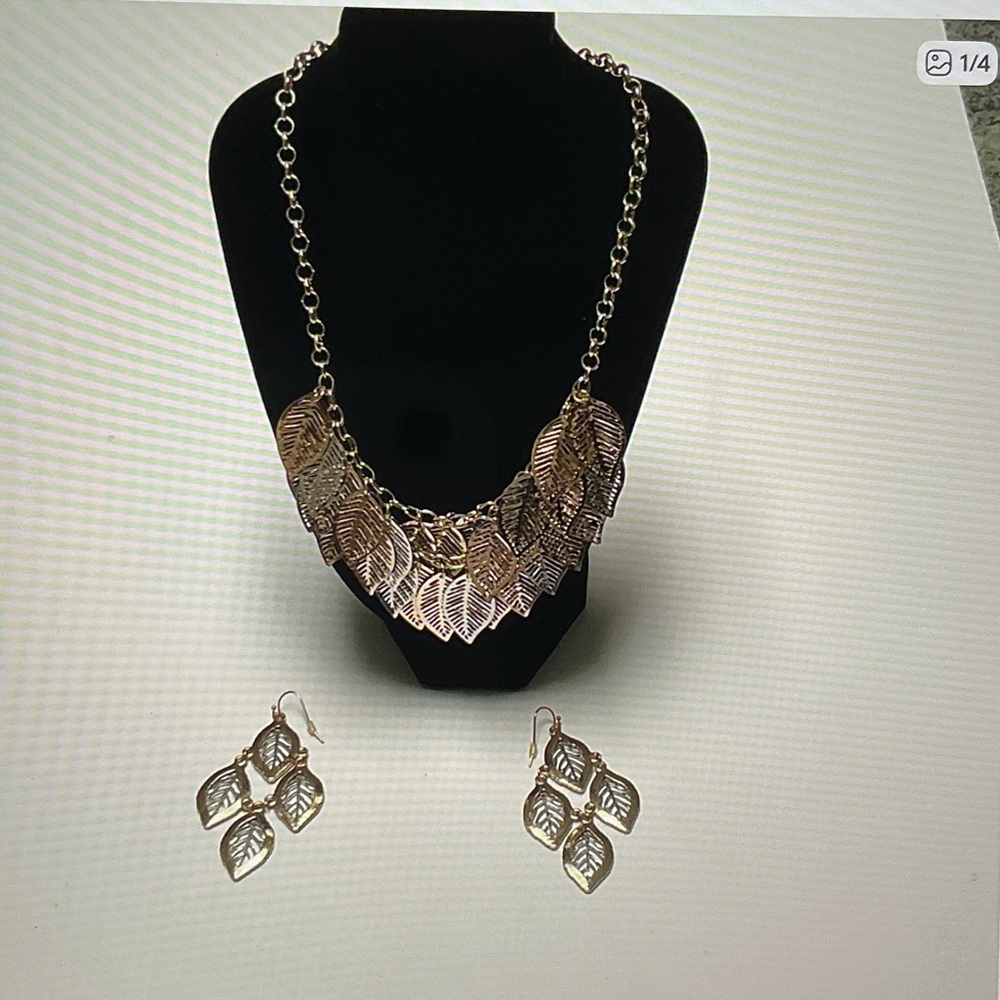 Layered Gold Leaf Statement Necklace and Earrings Set